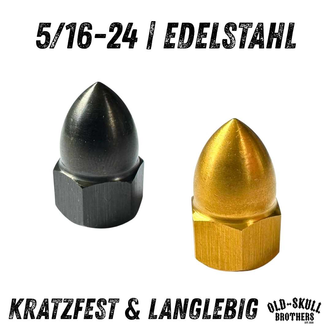 Hutmutter 5/16-24 kurz mit Spitze Edelstahl PVD | Kratzfest Schwarz Gold Natur